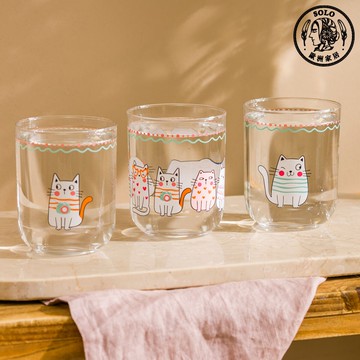 【SOLO歐洲家居】LCW Home 土耳其製 350ml 貓咪插畫風可愛玻璃杯三件組 水杯 果汁杯 三入組