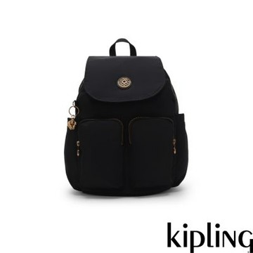 『猴子包』Kipling 墨黑金掀蓋多袋收納後背包-CITY POCKET S