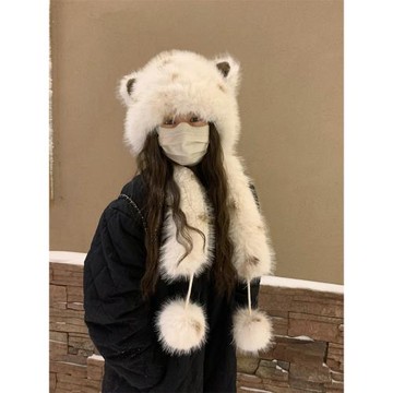 GREENHOUSES可愛貓耳朵毛絨帽子女冬季防寒護耳保暖戶外雷鋒帽潮