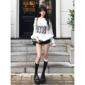 【臺灣出貨✈️】🍋斜露肩別緻衛衣女秋冬薄款韓版新款寬鬆係帶美式複古辣妹上衣潮牌