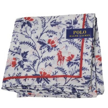 RALPH LAUREN POLO 白底藍紅系復古植物圖騰馬球LOGO帕領巾(47CM)