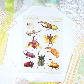 【甲蟲先生】水彩插畫 白墨PET貼紙 手帳 昆蟲 自然 獨角仙 大兜