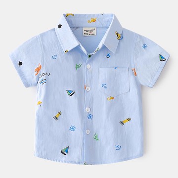 WELLKIDS - 渡假風休閒翻領短袖襯衫-帆船+燈塔-藍色