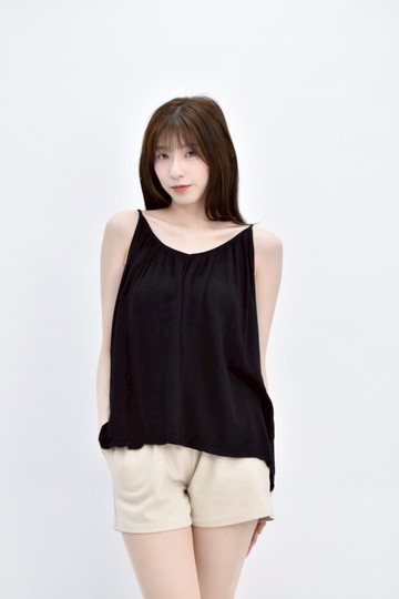 (L) net ladies亞麻細肩帶黑色上衣