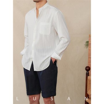 (免運)鹿三先生夏季寬松立領泡泡紗條紋長袖襯衫戶外透氣清涼休閑襯衣男