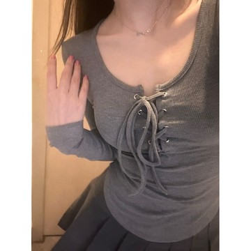 設計感長袖T恤女  秋修身顯瘦內搭背心打底衫  純慾風辣妹兩件套上衣  WH