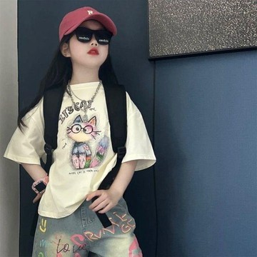 Healthy baby 童裝女童杏色短袖T恤夏季新款中大童休閒T恤女孩ins風上衣潮短袖 T恤 女童短袖 儿童上衣