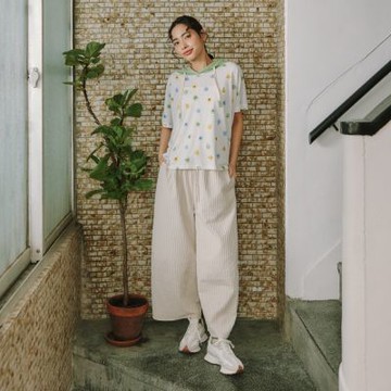 【Dailo】熊耳貓耳立體直條感繭型寬褲 米 灰