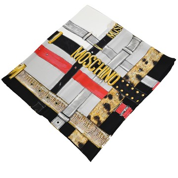 MOSCHINO 03525 M3012 品牌皮帶圖案方型絲巾.黑白