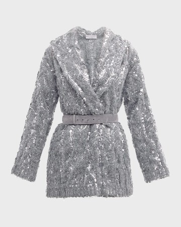 Alpaca Mohair Belted Cardigan with Sparkling Embroidery