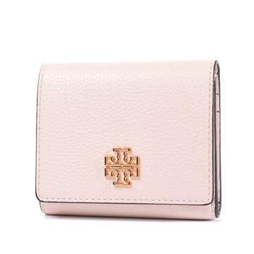 TORY BURCH BRITTEN 縷空LOGO荔枝紋釦式三折短夾-淡粉