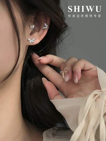 飾悟銀飾小巧蝴蝶耳釘女純銀耳扣耳夾耳骨釘耳飾小眾設計感耳環夏