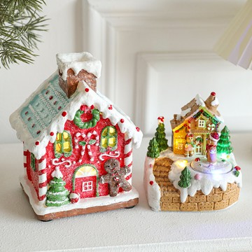 「聖誕節裝飾」樹脂聖誕屋發光房子音樂盒薑餅人雪屋桌面擺件禮物卡通裝飾品