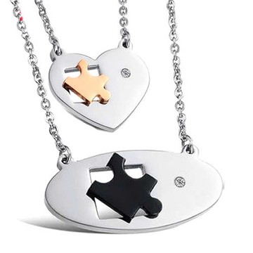 D1438 拼圖項鏈 圓牌子水鑽吊墜 情侶項鍊 單1條 不生鏽 西德鋼 圓珠配鏈 情侶款鍊條