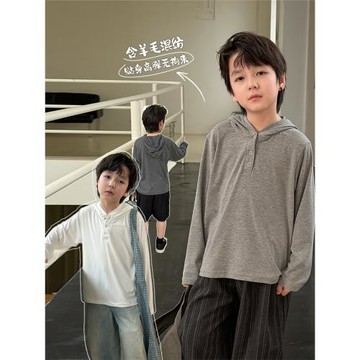 親膚舒適兒童春裝百搭老錢風紐扣上衣中大童時髦高彈連帽打底衫潮