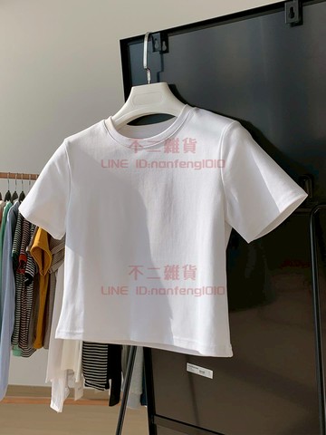 短袖 白色圓領t恤 女修身短款t桖 打底衫百搭休閑體桖純棉上衣【不二雜貨】