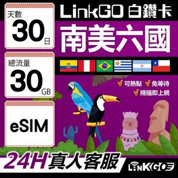LINKGO白鑽卡 南美洲六國 eSIM卡 30天上網卡總流量30GB(南美洲網卡 巴西 阿根廷 智利 厄瓜多爾 秘魯 烏拉圭)