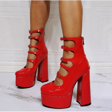 鏤空單靴15cm高跟防水臺短靴大紅色亮皮金色粗跟女鞋外貿大碼涼靴
