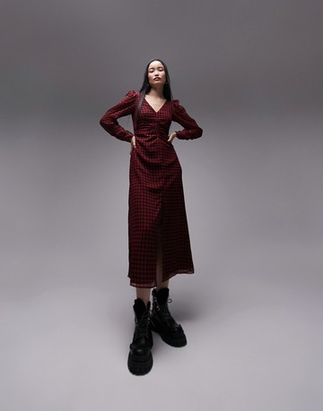 Topshop ruched front midi dress in red and black gingham