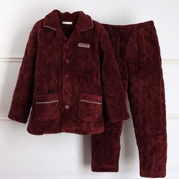 品牌珊瑚絨夾棉睡衣男士冬季三層加厚棉衣加絨家居服兩件套裝正品