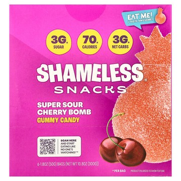 Shameless Snacks, 軟糖，超酸櫻桃炸彈，6 袋，每袋 1.8 盎司（50 克）