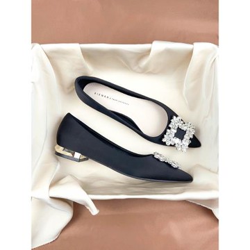 法式水鉆黑色尖頭平底鞋女2025春秋季新款淺口綢面低跟單鞋一腳蹬