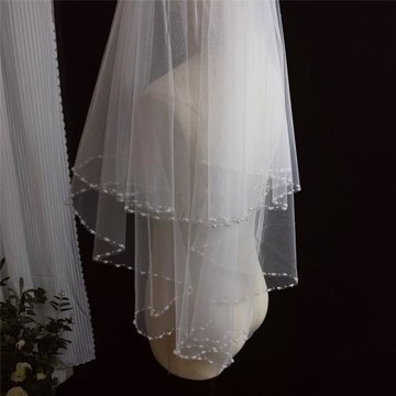 新款新娘結婚主婚禮頭紗短款雙層白色手工珠子頭紗造型影樓頭飾