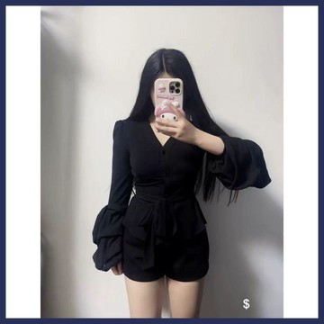 WYZ御姐緊身收腰黑色襯衫女秋季款氣質綁帶喇叭袖V領長袖上衣