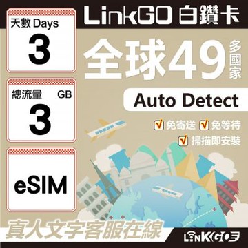 LINKGO白鑽卡 全球49國 eSIM卡 3天上網卡 總流量3GB(全球網卡 亞洲 歐洲 美洲 大洋洲 非洲)