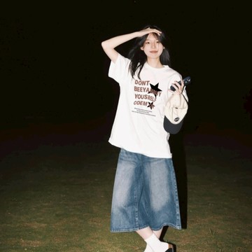 美式復古星星印花短袖T恤新款純棉寬鬆正肩體卹上衣夏季ins女生上衣 印花寬鬆情侶短袖T 上衣女 美式t