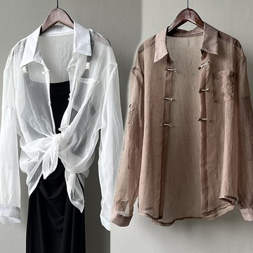 【韓國K.W.】KMM3369現貨中式盤扣歐根紗薄外套(外套/夾克/保暖)