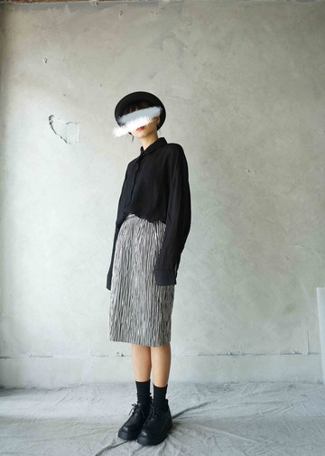 尋寶古著-YVESSAINTLAURENT黑白線條立體起皺窄裙