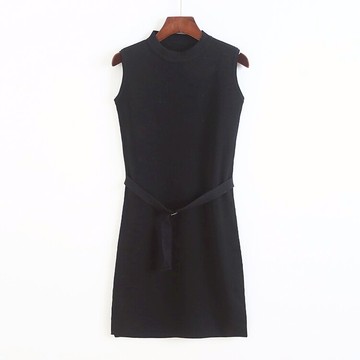 圓領系帶針織連衣裙 秋冬無袖彈力氣質女修身中長款打底裙子A/6邊