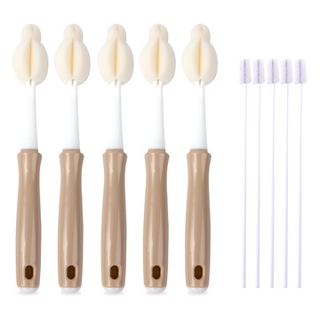 MPL 長柄海綿奶瓶刷 21.5cm 5入 + 吸管刷 5入 組  咖色 + 白色 + 米色  1組