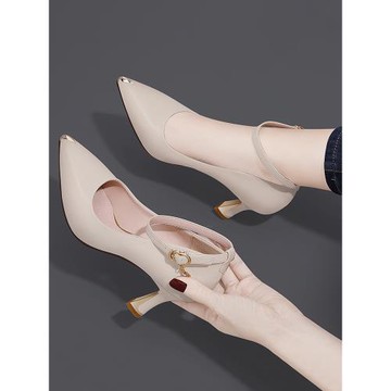 白色不累腳高跟鞋女2025年新款春秋季夏款細跟皮鞋一字帶單鞋尖頭