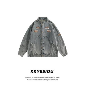 KKyesiou美式潮牌拉鏈設計感牛仔外套男女刺繡立領復古情侶棒球服
