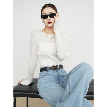 QCEO/蠶絲羊絨混紡！設計感一字領修身針織衫拼接打底上衣女春秋