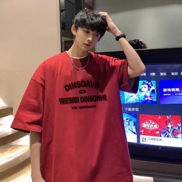 酒紅色純棉t恤男短袖夏季薄款五分袖上衣美式vintage潮牌大碼衣服