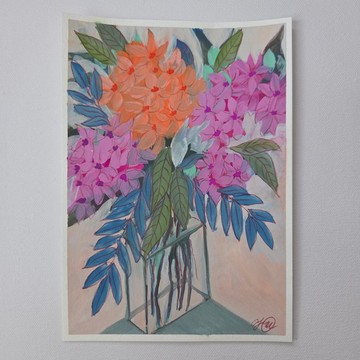 柔美綻放花束 原創 ग्্वाश (Gouache) 花卉畫作 極簡植物畫