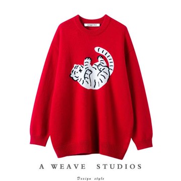 老虎圖案100%純山羊絨衫萌虎25秋冬新款半高領設計感紅色毛衣慵懶