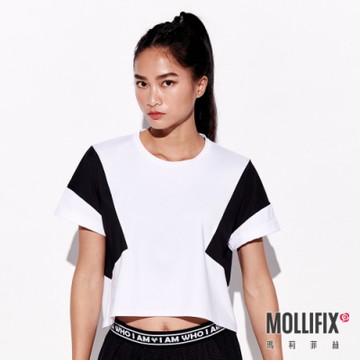 Mollifix 瑪莉菲絲 撞色拼接短袖上衣 (白+黑) 暢貨出清