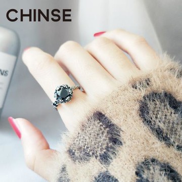 純銀黑寶石瑪瑙戒指冷淡風十字架時尚個性ins復古女中古店飾品潮