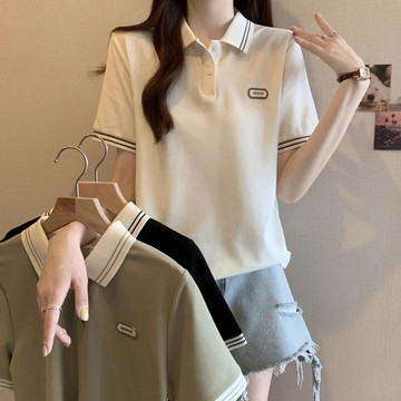 學院風POLO衫女 上衣 POLO衫 大碼女裝夏季寬鬆短袖胖mm顯瘦遮肉正肩時尚學院風Polo領上衣 女裝