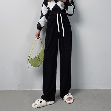 KPUWARM - 腰鬆緊高腰顯瘦抽繩燈芯絨長褲-顯瘦黑