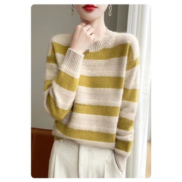胖mm大碼女裝羊毛衫圓領拼色條紋打底衫女秋冬韓版寬松針織衫毛衣