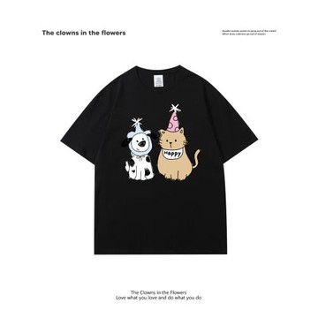 oddnova小貓小狗卡通印花T恤女短袖下寬松百搭圓領休閑半袖