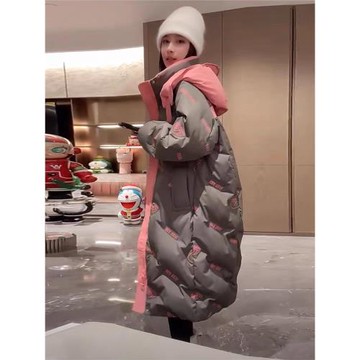 歐洲站秋冬新款歐貨重工拼接連帽羽絨服女中長款90白鴨絨保暖外套