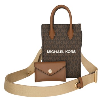 MICHAEL KORS-白標字母附零錢包手提斜背手機包(咖x駝)