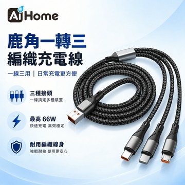 鹿角三合一充電線｜Type-C最高66W｜USB-A轉C／L／Micro｜1.2米尼龍編織｜四色可選