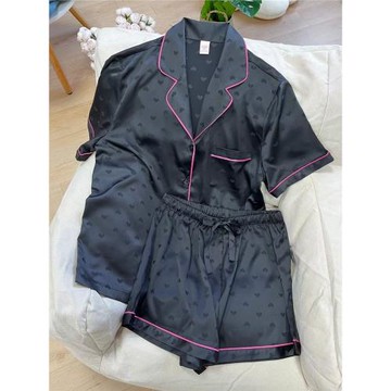 外貿秘密睡衣女夏冰絲短袖套裝空調服vs字母綢緞面家居服薄可外穿